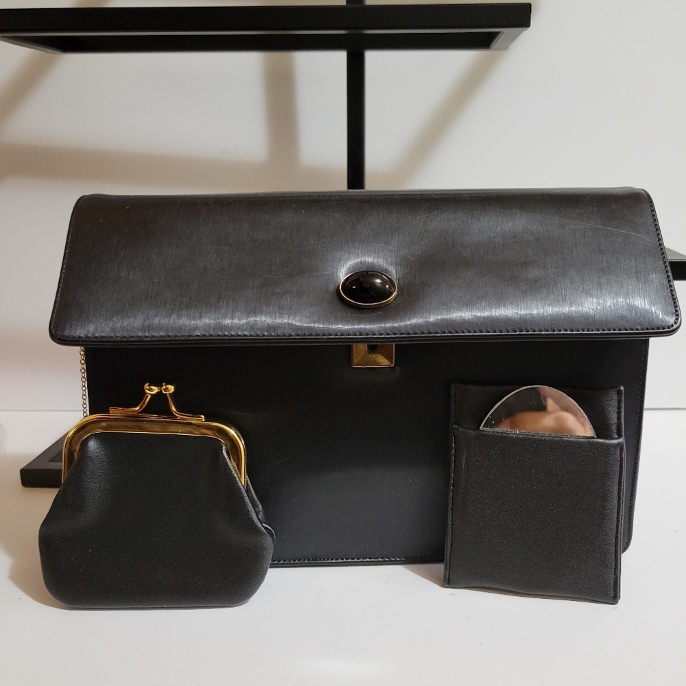 Rare Vintage Black Koret Leather Clutch with Original Silk Coin Purse & Mirror.